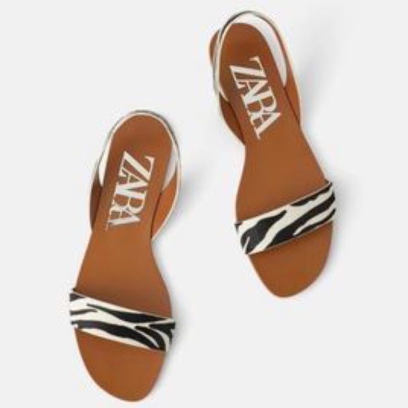 Zara Animal Print Leather Flat Sandals Size 39